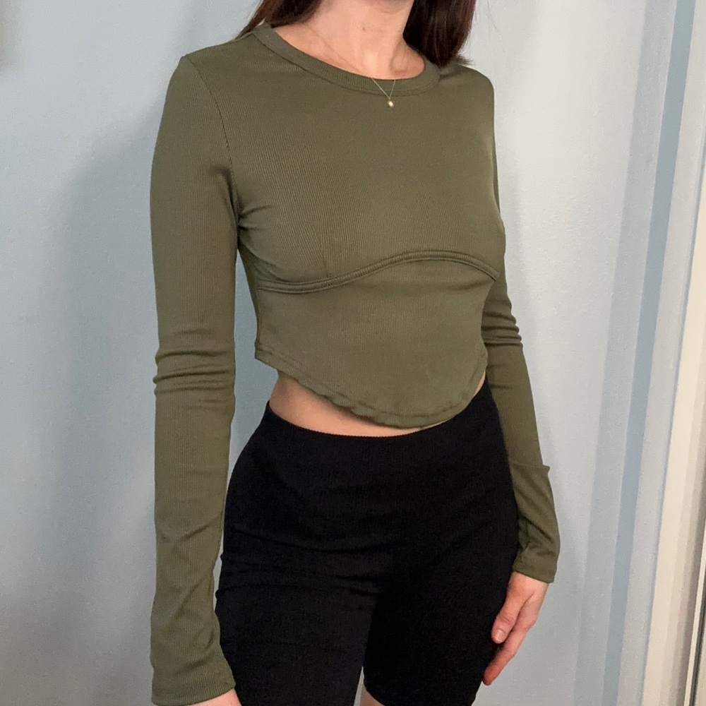 Cider - Olive Green Solid Rib Stitch Crop Top